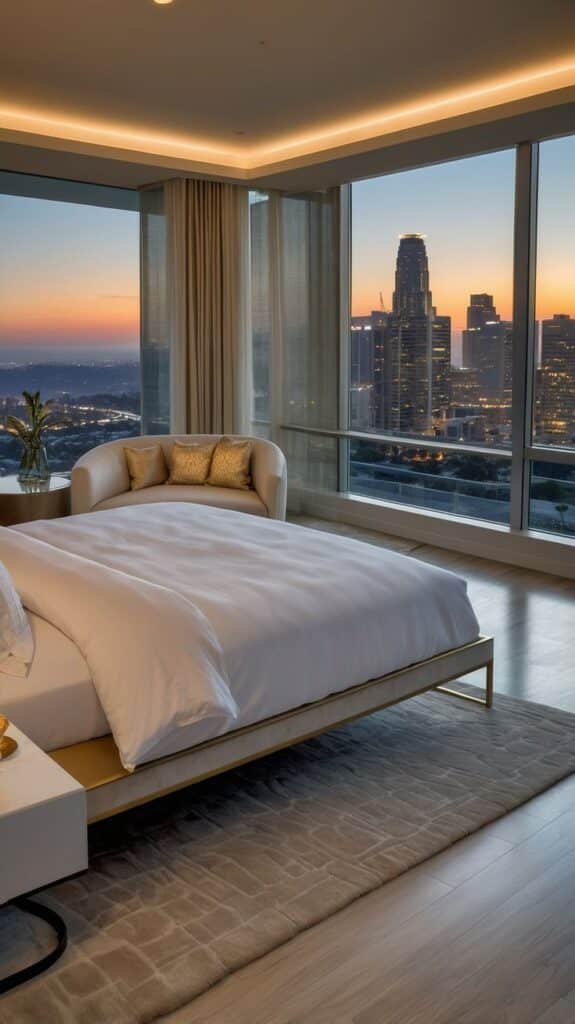 Luxurious bedroom with city skyline view at sunset, modern decor, white bed, and soft lighting. Serene and elegant atmosphere.