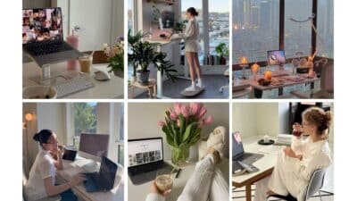 Collage of cozy home office setups with laptops, plants, pink tulips, and candles, creating a relaxing work-from-home environment.