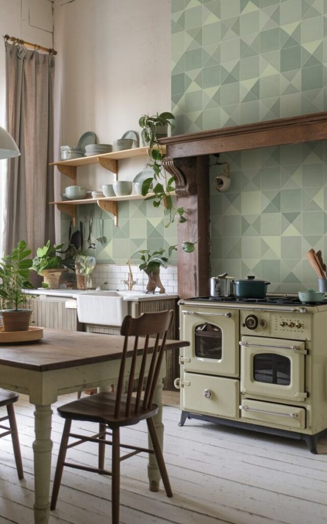 Cozy vintage kitchen with green tiles, open shelves, potted plants, and a retro stove, creating a warm, rustic atmosphere.
