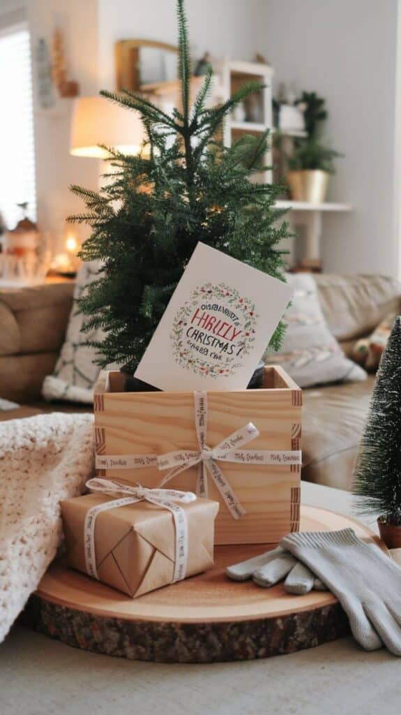 Cozy Christmas scene with a small fir tree, gift box, card, and gloves on a wooden tray, creating a warm holiday ambiance.