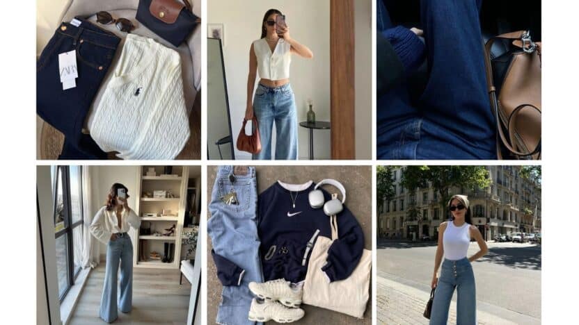 Collage of stylish outfits featuring jeans, sweaters, and accessories for a chic and modern look.