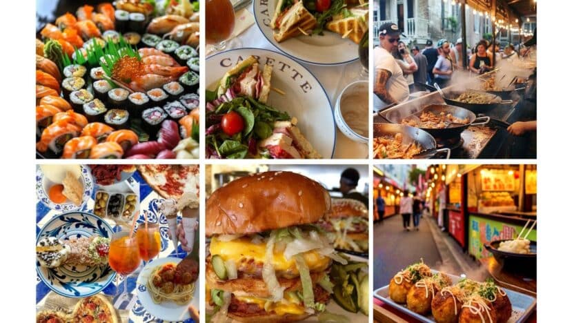A collage of global cuisines featuring sushi, salads, street food, Mediterranean dishes, burgers, and market scenes.