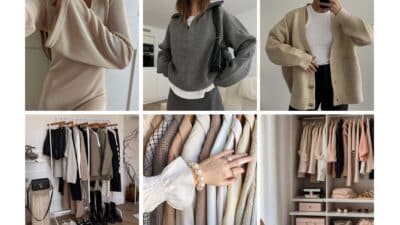 Minimalist neutral fashion collage with cozy sweaters, organized wardrobe, and stylish accessories for chic fall outfits.