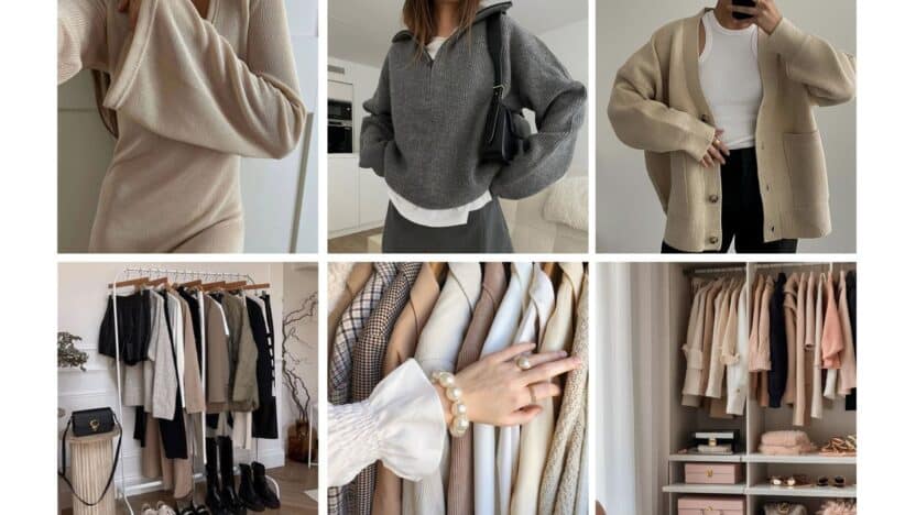 Minimalist neutral fashion collage with cozy sweaters, organized wardrobe, and stylish accessories for chic fall outfits.