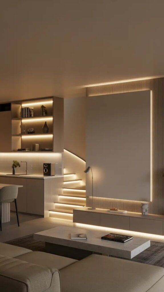 Modern minimalist living room with ambient lighting, sleek furniture, and a stylish staircase design. Cozy and elegant interior.