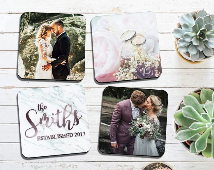 Custom wedding coasters with romantic photos, rings, and The Smiths Established 2017 text, surrounded by succulents on a table.