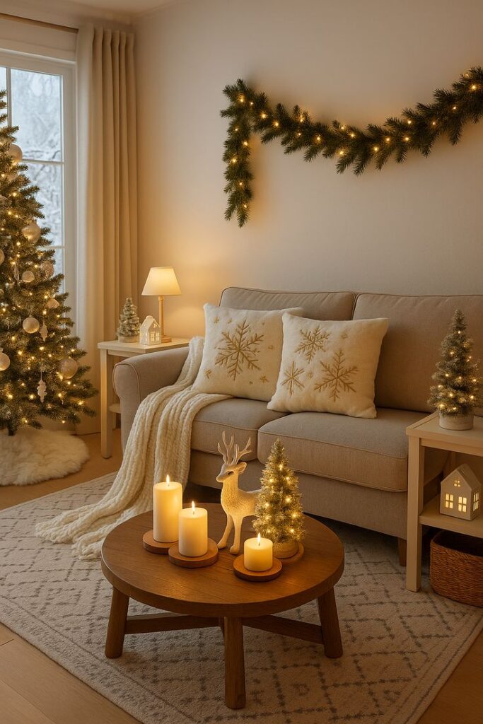 Winterliche Amazon Must-haves ❄️ - Handy Home Cozy living room with Christmas decorations, including a lit tree, candles, and festive pillows, creating a warm holiday ambiance.