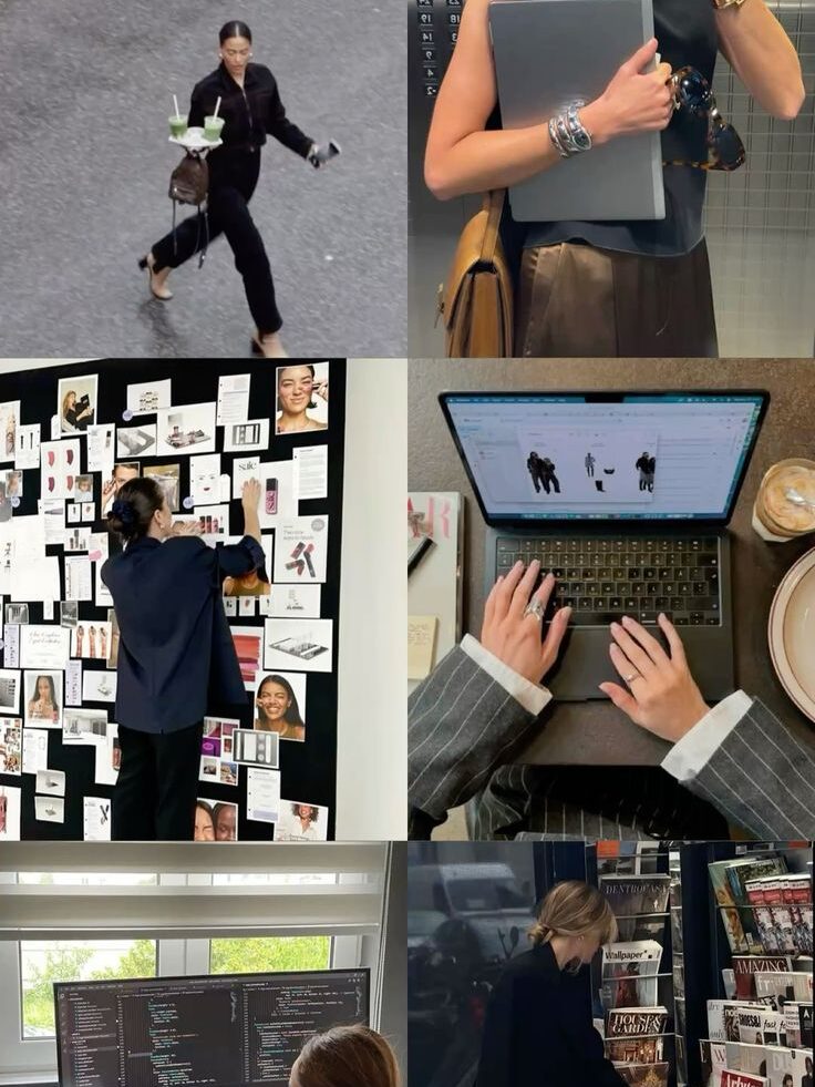 Women in business life - Handy Home Collage of daily work scenes: street, elevator, office, magazine browsing, code on screens, creative board. Business and tech lifestyle.