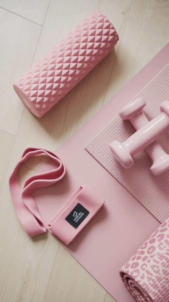 Womens Gym Bag Essentials_ Must-Have Items for Every Workout - Handy Home Pink fitness equipment set on wooden floor: foam roller, dumbbell, resistance bands, yoga mat, perfect for home workout routines.