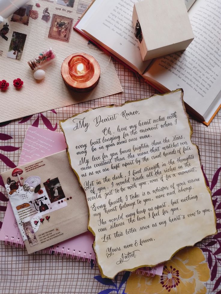 Romantic handwritten letter with candles and decorations on a cozy table setting, creating a warm, nostalgic atmosphere.