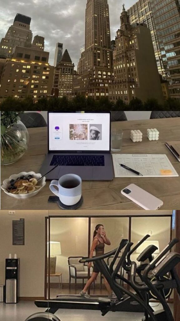 a6749120-c2f8-45c3-9671-8d4fcce21c85 - Handy Home City skyline at dusk, cozy workspace with coffee, and a woman walking on a treadmill at the gym.