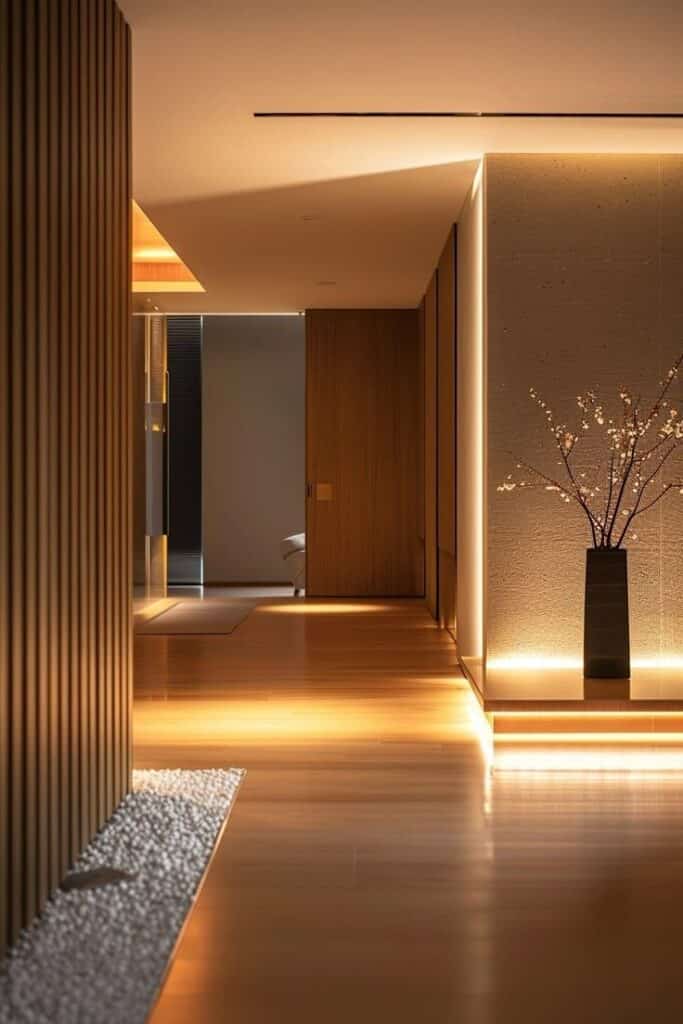 Modern minimalist hallway with soft lighting, wooden floors, and decorative vase, creating a serene, elegant ambiance.