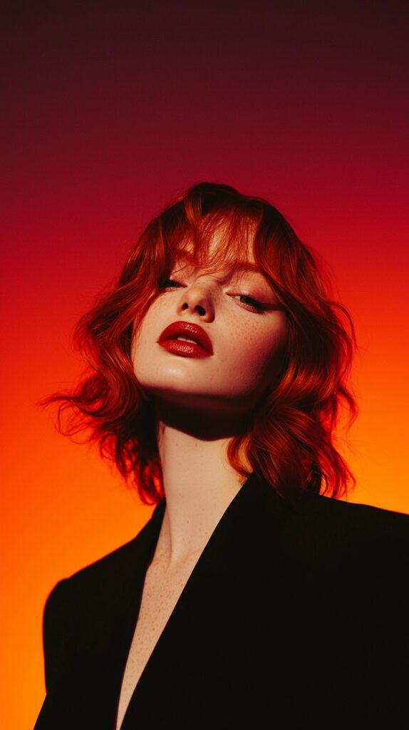 agbaeb - Handy Home Red-haired person with bold red lips against a vibrant orange and red backdrop, exuding confidence and style.