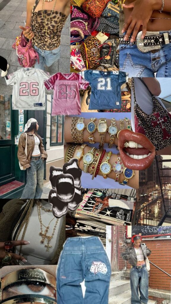 Collage of Y2K fashion: denim, leopard prints, graphic tees, watches, handbags. Aesthetic throwback to early 2000s trends.