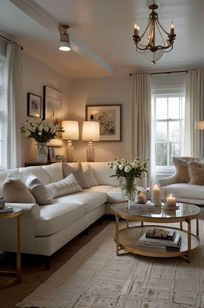 Elegant living room with white sofa, glass coffee table, chandelier, and flowers, creating a cozy and inviting atmosphere.