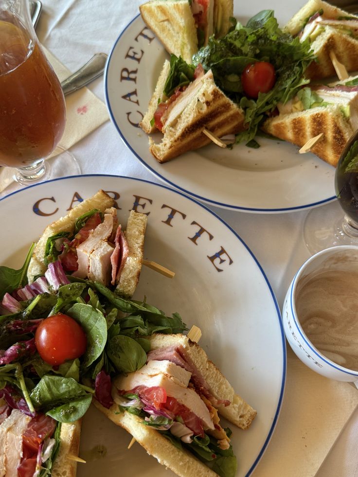 carette cafe - Handy Home Delicious club sandwiches with fresh greens and tomatoes served at Carette Paris café, paired with beverages.