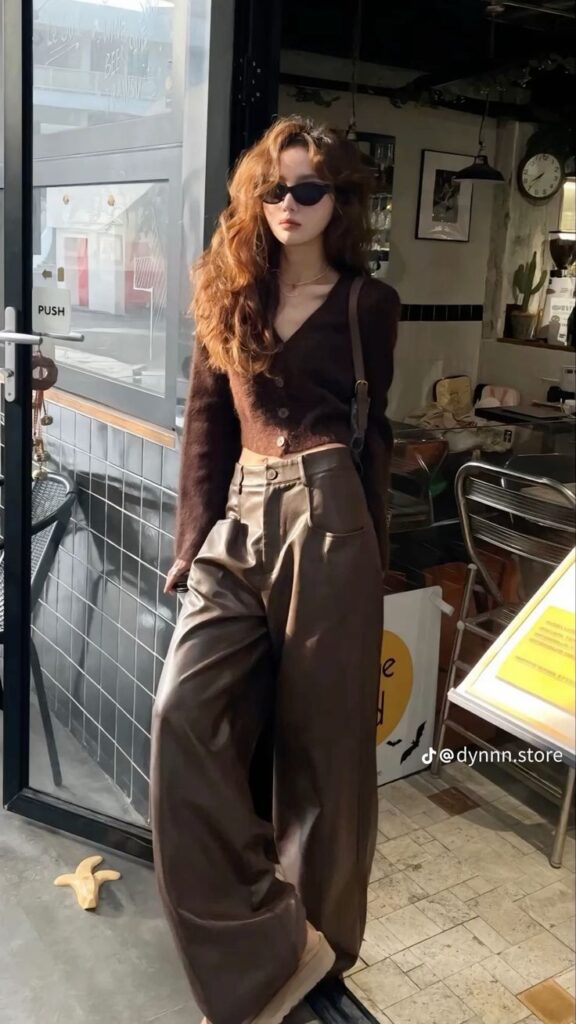 Fashionable woman in chic brown outfit and sunglasses, standing stylishly at a cafe entrance, exuding modern urban flair.