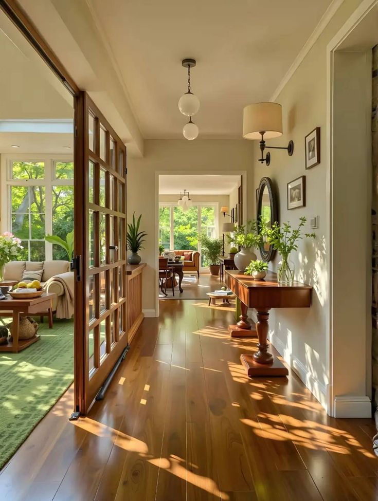 Bright hallway with wooden flooring, potted plants, and warm natural light leading to a sunlit living room. Cozy and inviting interior design.