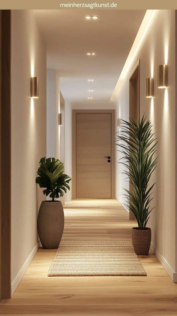 Modern hallway with warm lighting, wooden floor, potted plants, and a closed wooden door at the end. Cozy and inviting design.