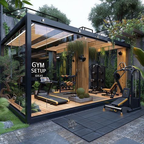 e4c8fedf-bfa5-481d-9b9d-04145b7bd730 - Handy Home Modern glass-walled home gym with exercise equipment surrounded by lush greenery, promoting sleek design and fitness inspiration.