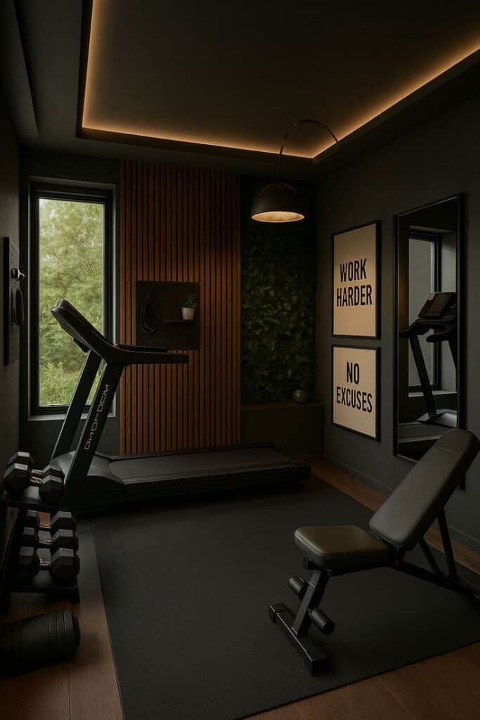 fc2bba38-ce72-46fd-b573-ebb010371ecd - Handy Home Modern home gym with treadmill, weights, motivational posters, and stylish lighting. Perfect for focused fitness sessions.