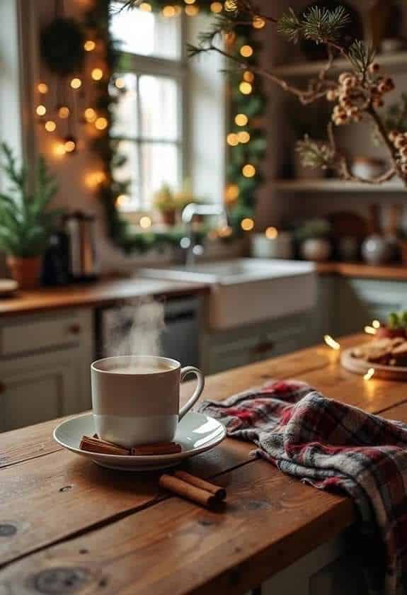fe87c322-4d18-4e52-9eb2-aa5e37b03f0c - Handy Home Steaming coffee on rustic kitchen counter with cozy winter decor; plaid cloth and cinnamon sticks add warmth.
