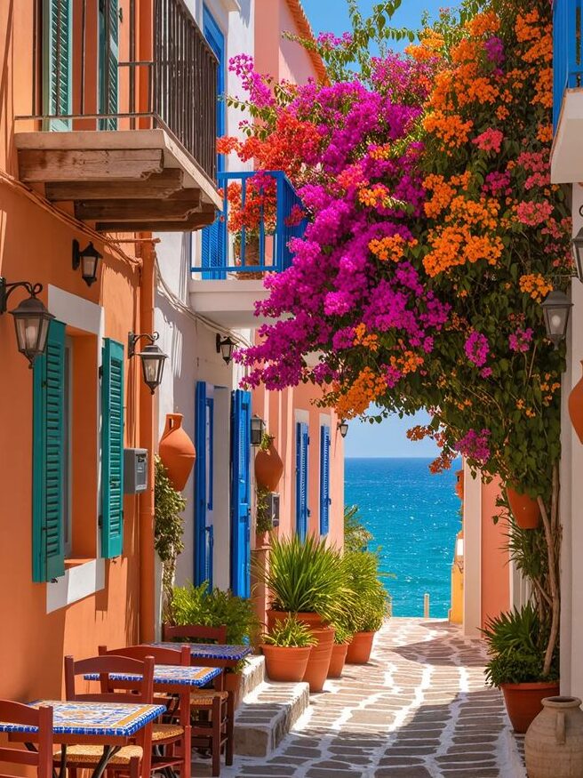 fsgbartg - Handy Home Charming Mediterranean alley with vibrant bougainvillea, colorful houses, and a sea view. Perfect travel destination ambiance.