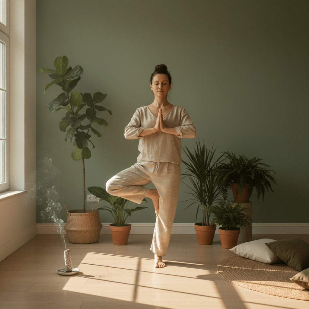 Woman practicing yoga tree pose at home, surrounded by green plants and natural light for relaxation and mindfulness.