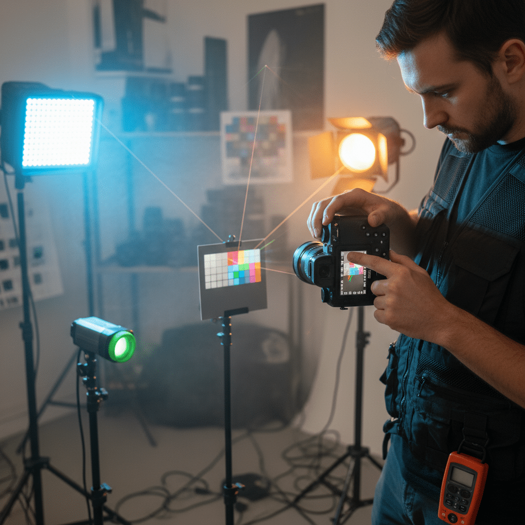 image - Handy Home Photographer calibrating camera with color chart and studio lighting, ensuring accurate color reproduction.