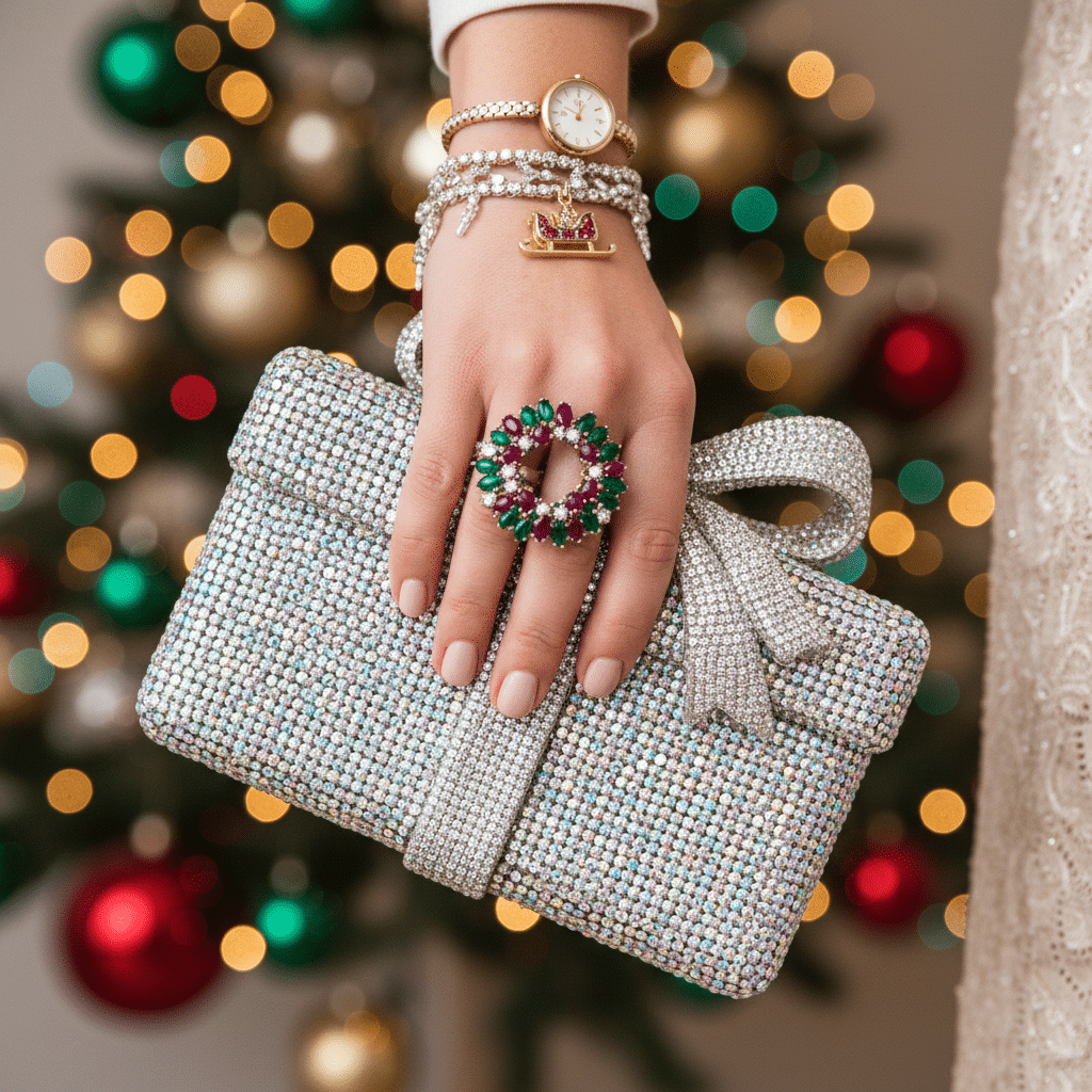 image - Handy Home Woman's hand with festive jewelry and a sparkling clutch in front of a decorated Christmas tree.