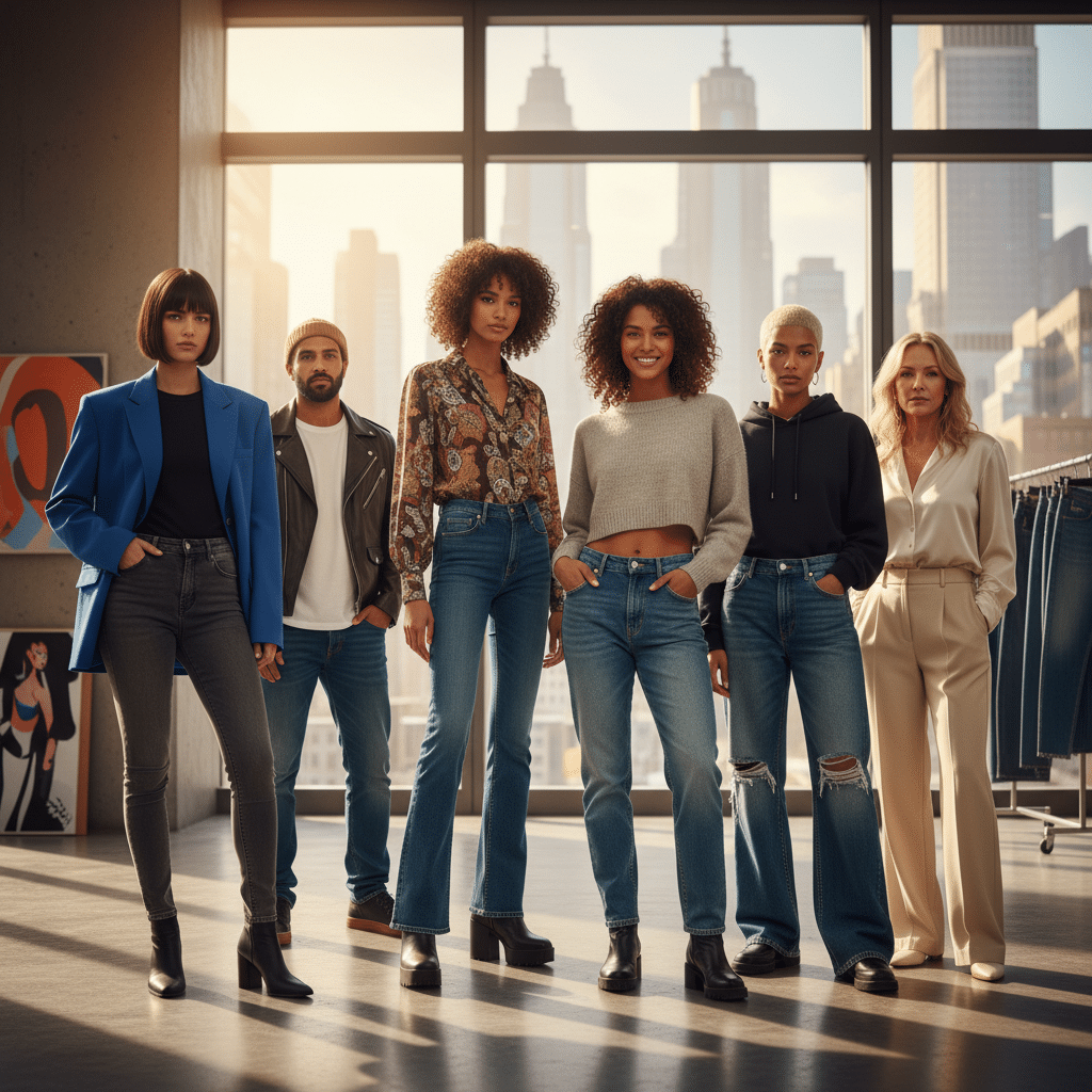 Fashionable group in trendy denim and chic outfits in a modern city studio setting with skyscrapers outside.