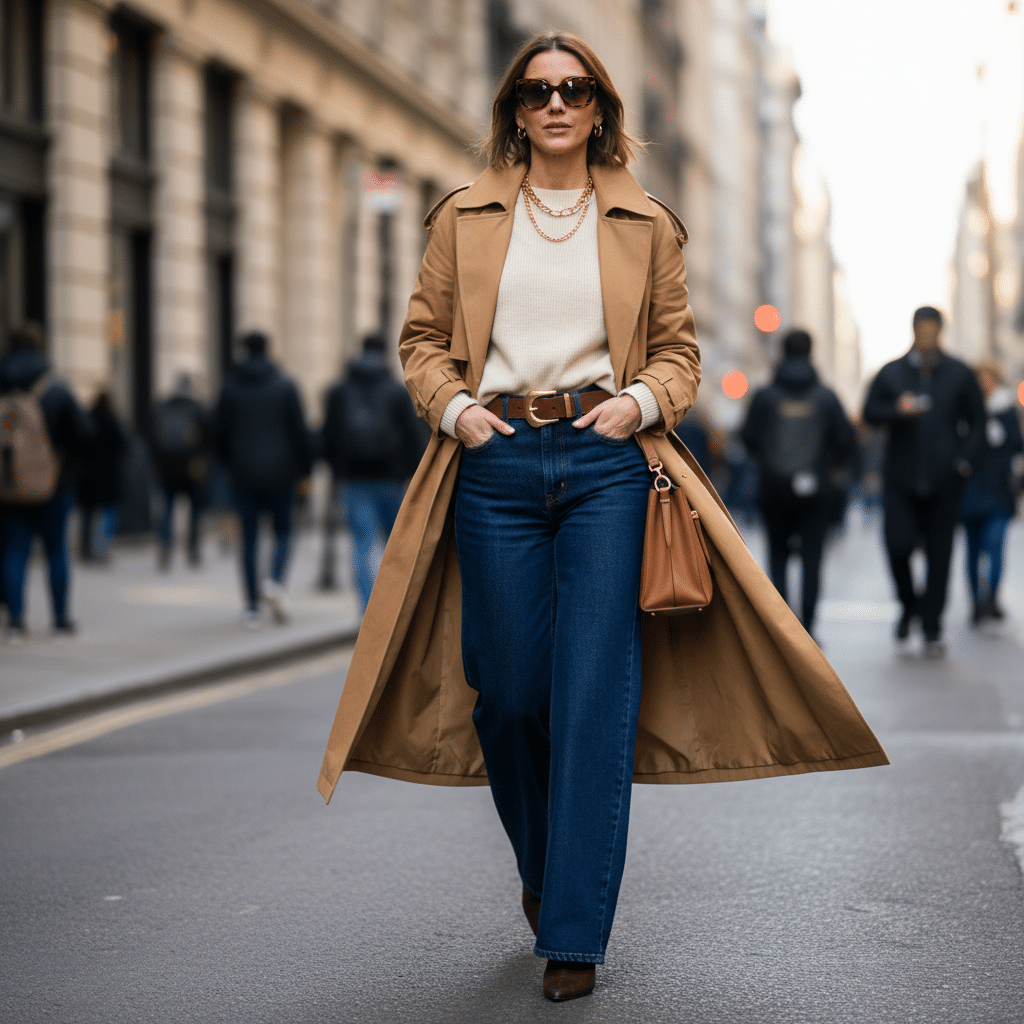 Stylish woman in trench coat and jeans walking confidently on city street, wearing fashionable sunglasses and carrying a brown purse.