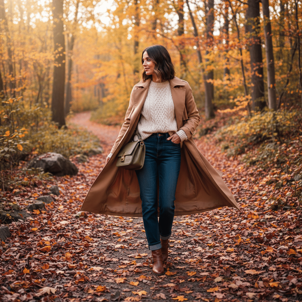 Woman in a beige coat walking through a forest path in autumn, surrounded by vibrant fall foliage.