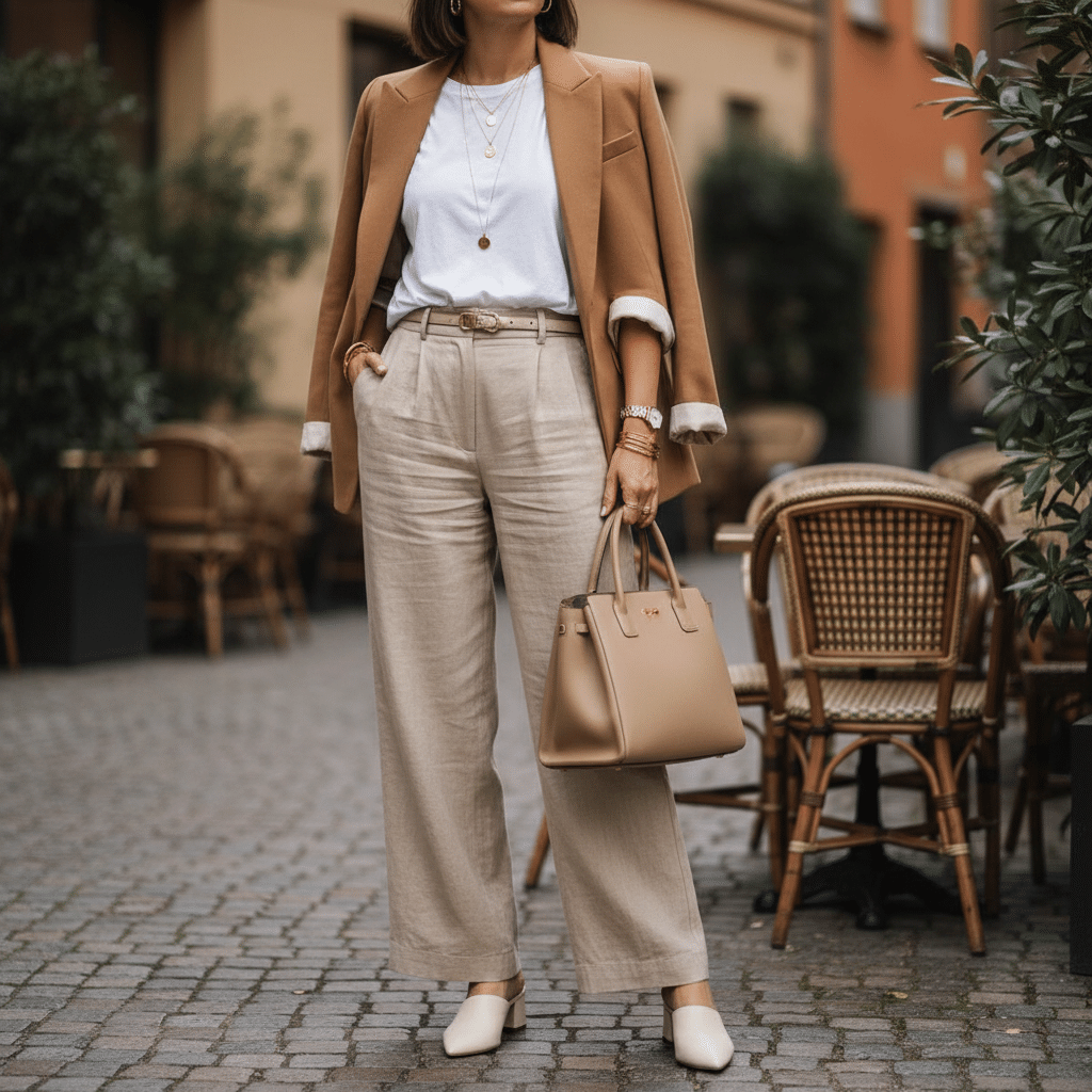 Chic woman in camel blazer and trousers, with a stylish handbag, standing in a cobblestone outdoor café setting.