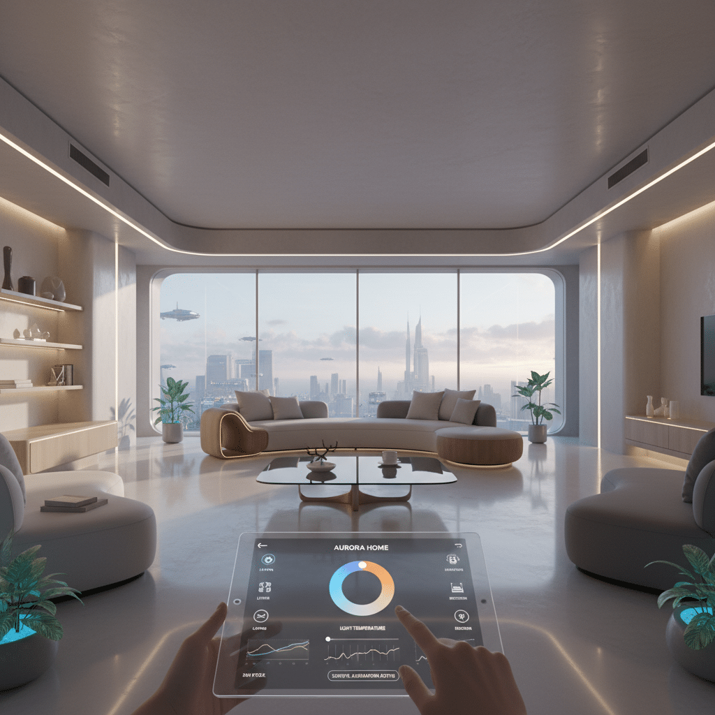 Futuristic smart home living room with city view, controlled via a tablet interface for ambiance and settings.