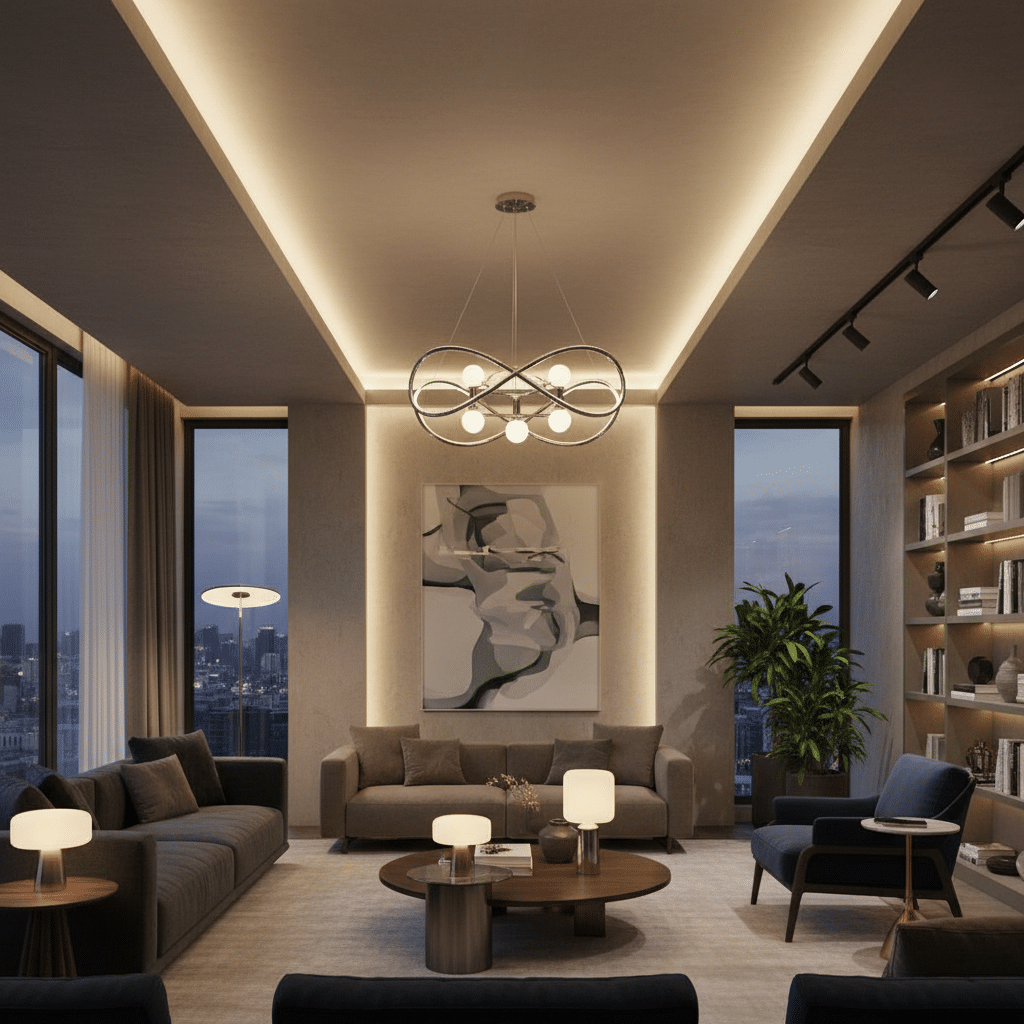 Modern luxury living room with elegant lighting, cozy sofas, and artistic decor. Perfect for relaxing and entertaining guests.