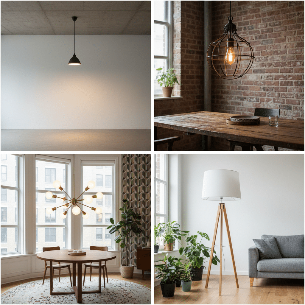 Minimalist interiors with modern pendant lights, cozy furniture, and indoor plants, creating a stylish and comfortable home atmosphere.