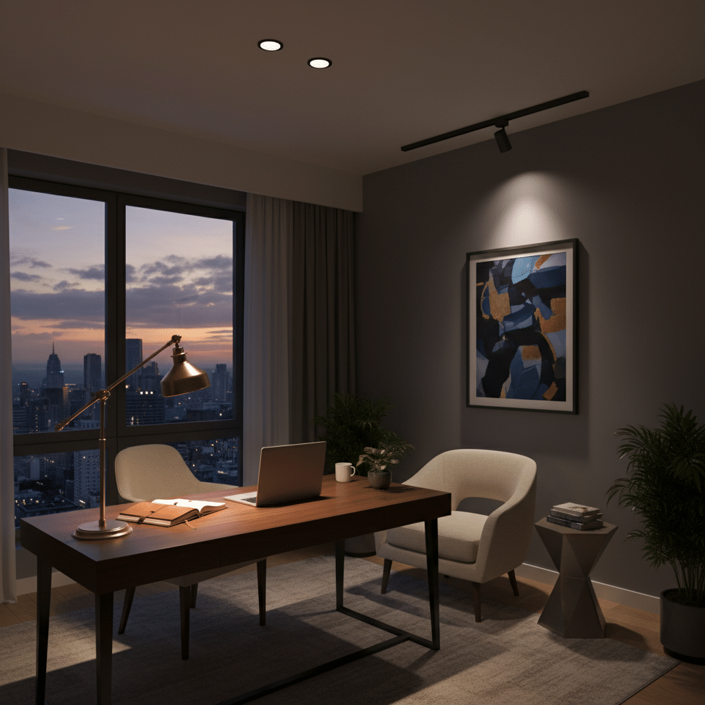 Modern office with a city view at sunset, featuring a laptop on a wooden desk, art on the wall, and comfortable seating.