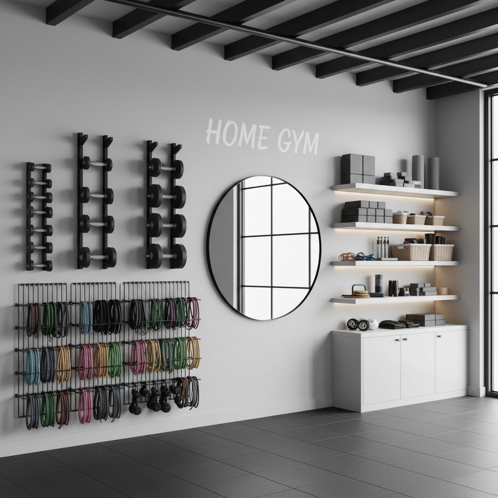 image - Handy Home Modern home gym with equipment, mirror, and storage shelves, creating an organized and stylish workout space.