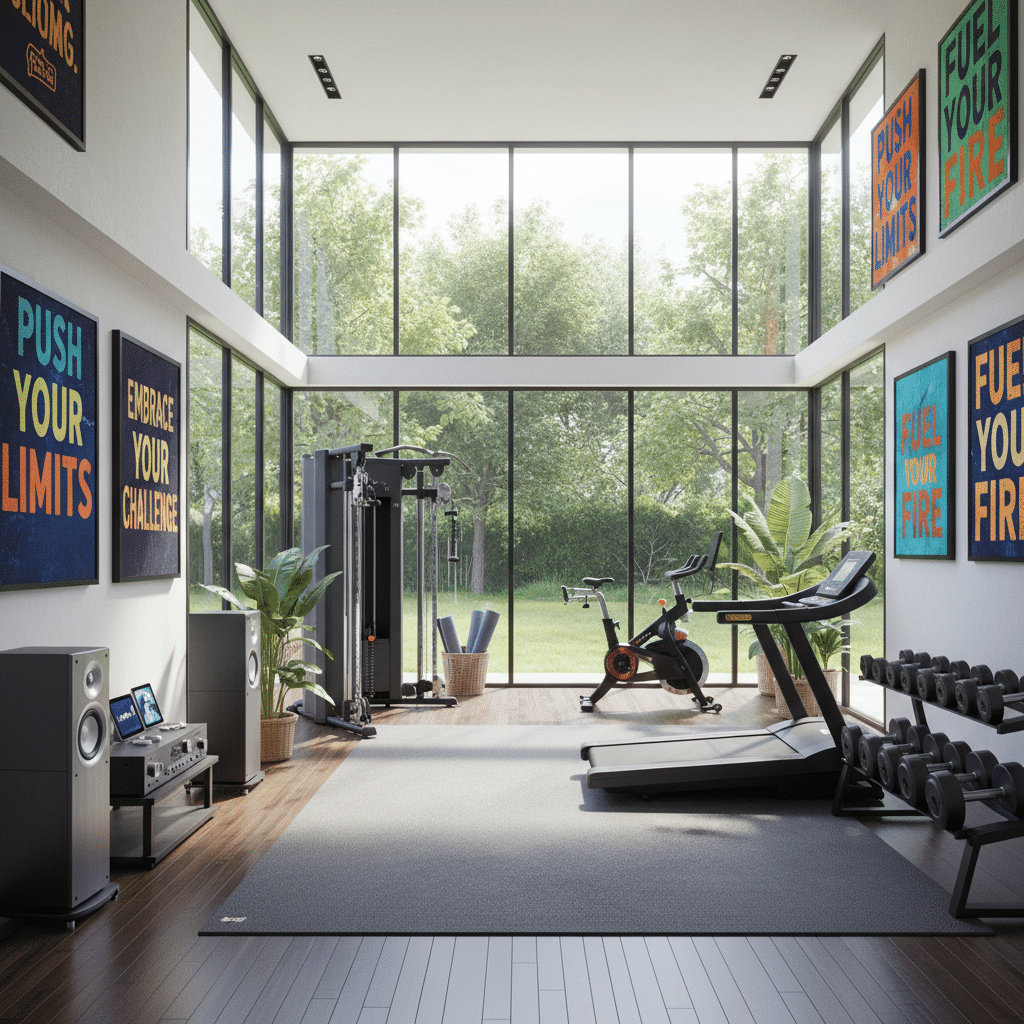 image - Handy Home Bright home gym with equipment like a treadmill, exercise bike, and weights surrounded by motivational posters and large windows.