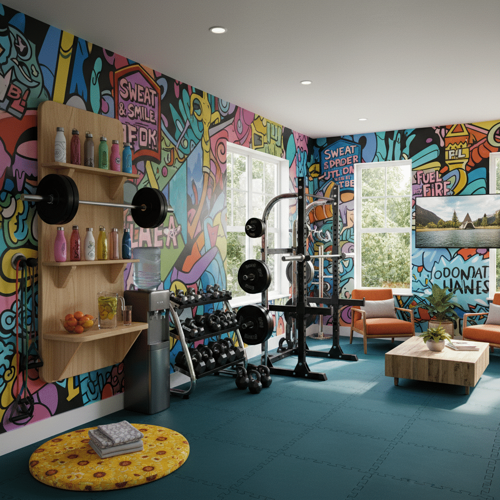 image - Handy Home Home gym with colorful graffiti walls, dumbbells, weight rack, and exercise gear, creating an energetic workout space.