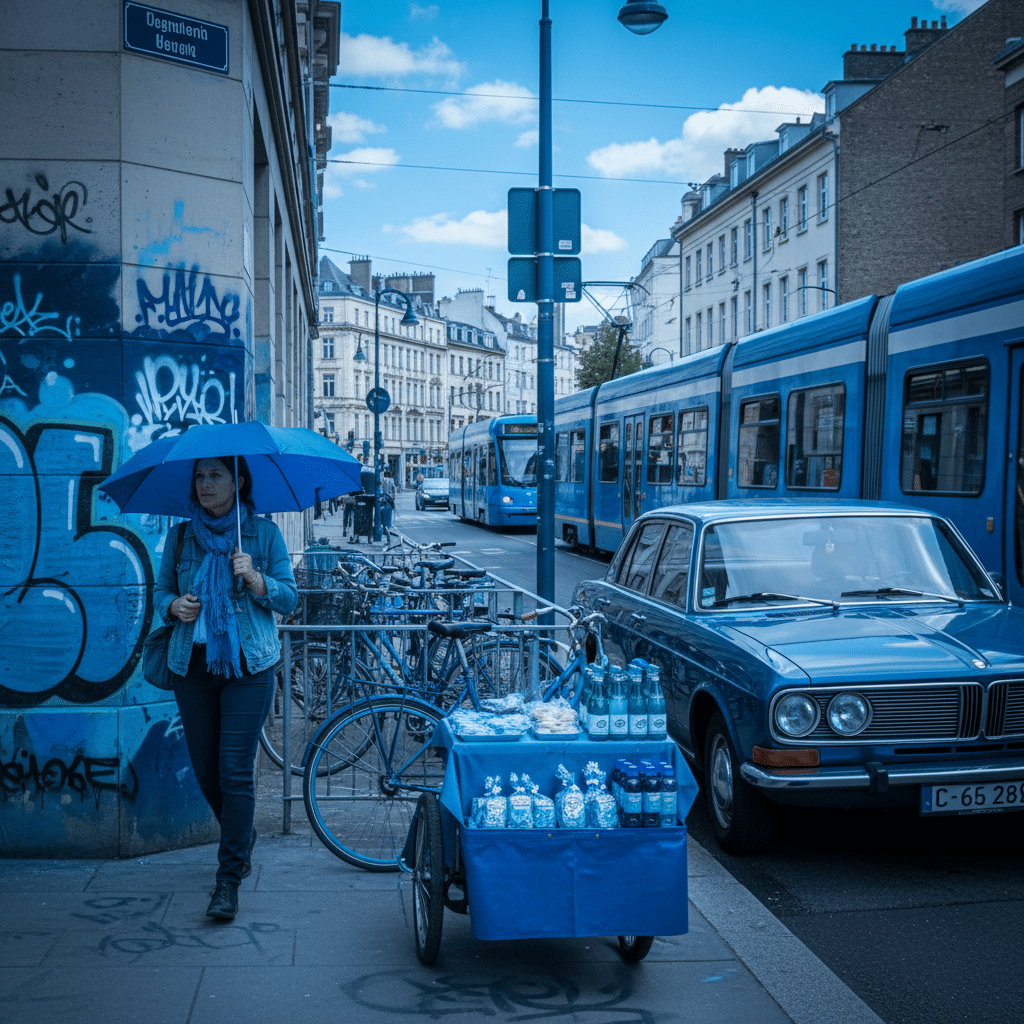 image - Handy Home Woman with blue umbrella walks past street vendor and tram in urban scene.