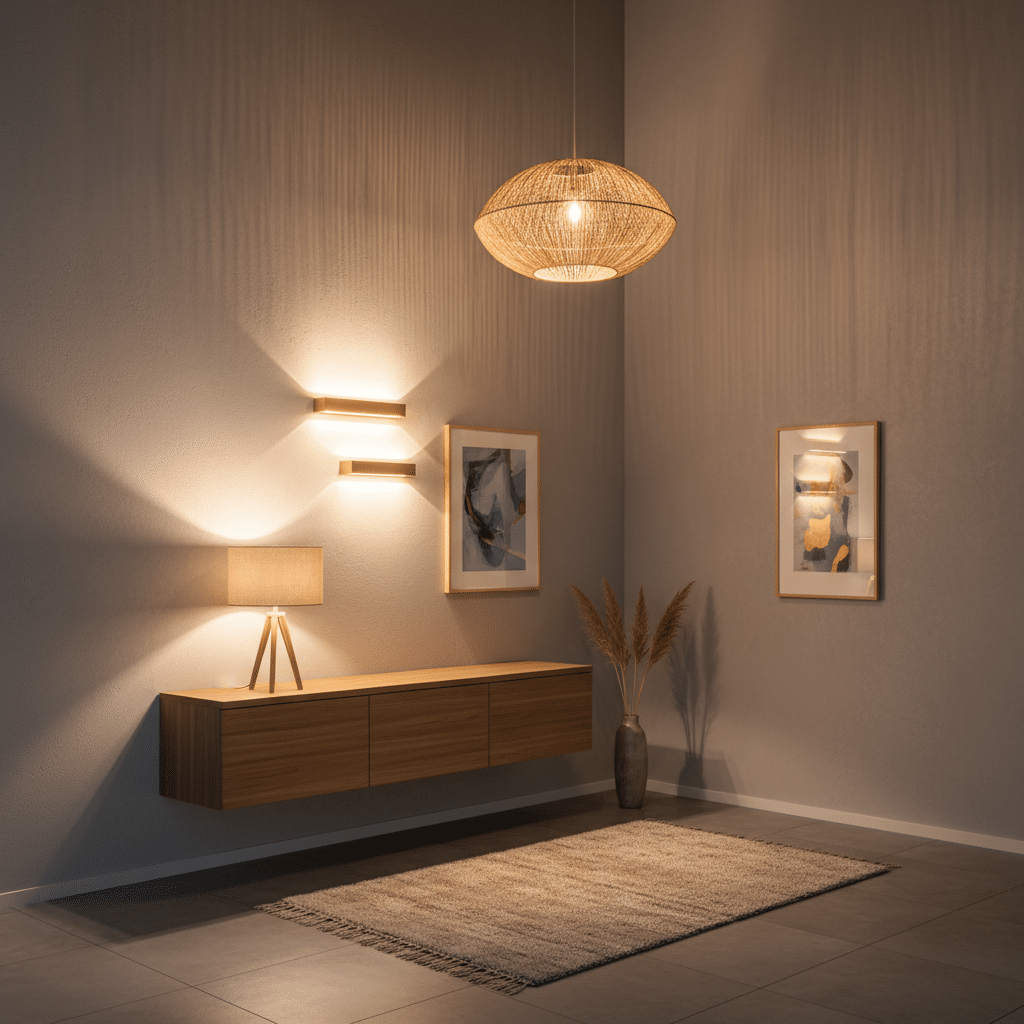 Modern living room with wooden furniture, abstract art, and warm lighting from a woven pendant lamp, creating a cozy atmosphere.