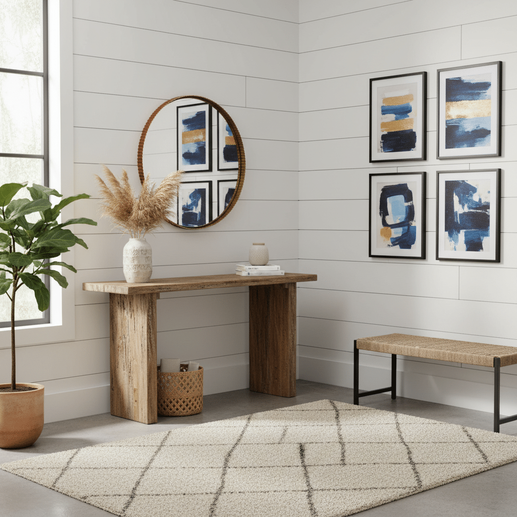 Modern entryway with wooden console, abstract art, round mirror, plant, and geometric rug in a cozy, minimalist design.
