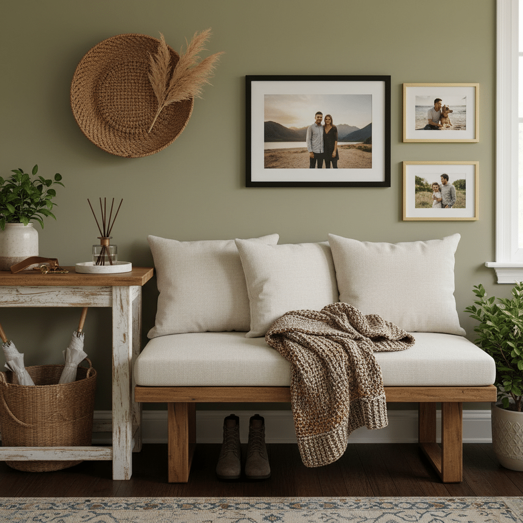 Cozy entryway with a wooden bench, decorative pillows, knit throw blanket, and framed family photos on olive-green wall.