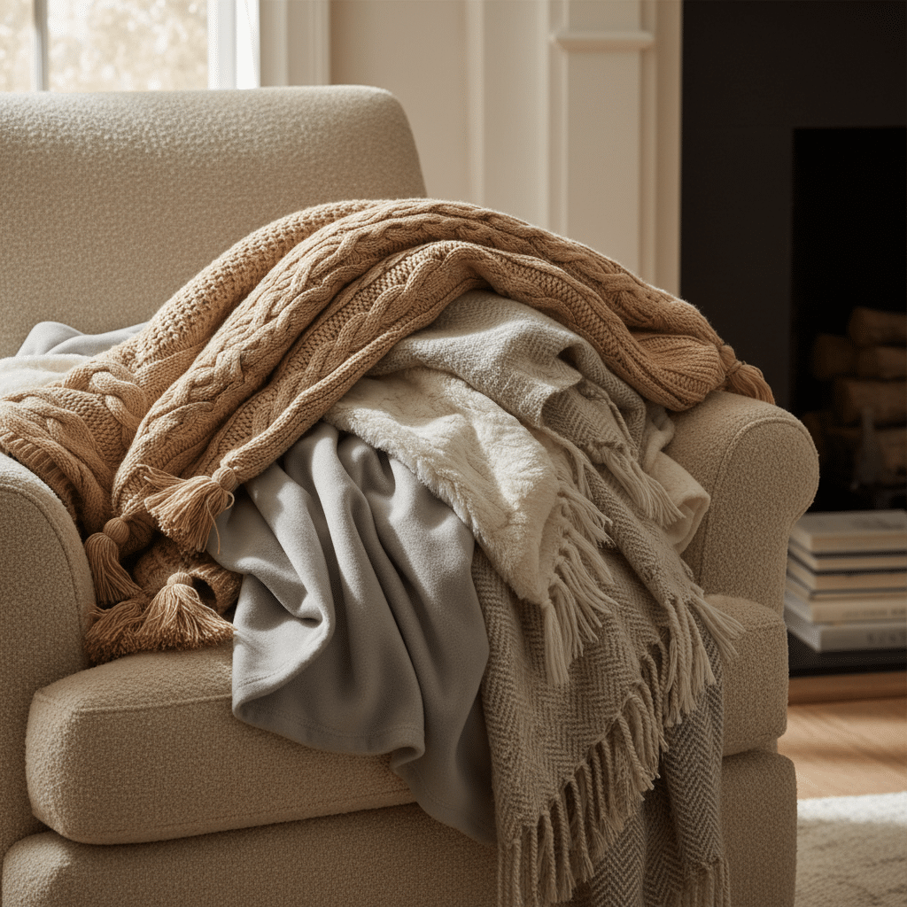 image - Handy Home Cozy armchair with layered neutral blankets in a warmly lit room, perfect for autumn relaxation and home comfort.
