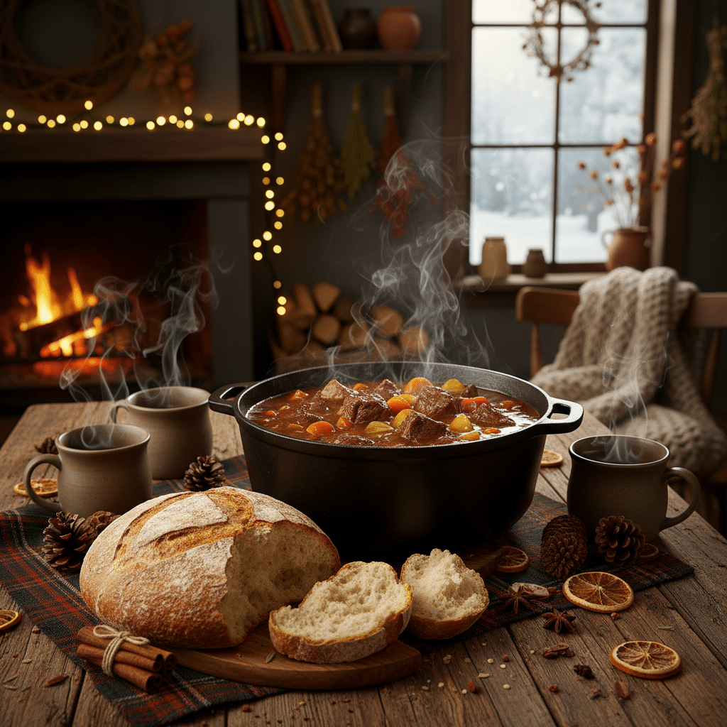 image - Handy Home Cozy winter scene with steaming beef stew in a pot, rustic bread, and hot drinks by the fire. Ideal for comfort food lovers.