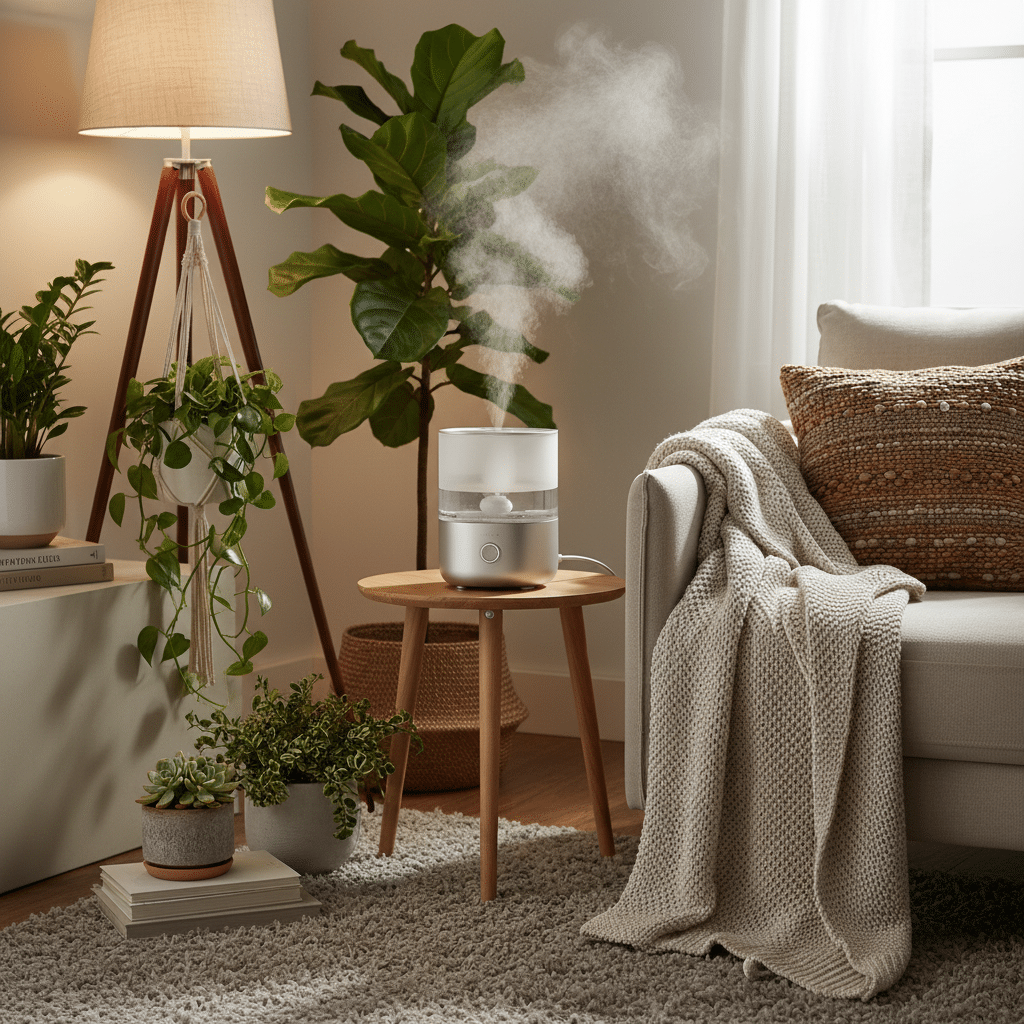 image - Handy Home Modern living room with a humidifier on a wooden side table, surrounded by plants and cozy decor.