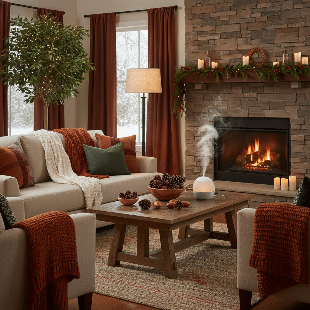 image - Handy Home Cozy living room with a fireplace, holiday decor, and a relaxing aroma diffuser. Perfect for winter relaxation and festive gatherings.