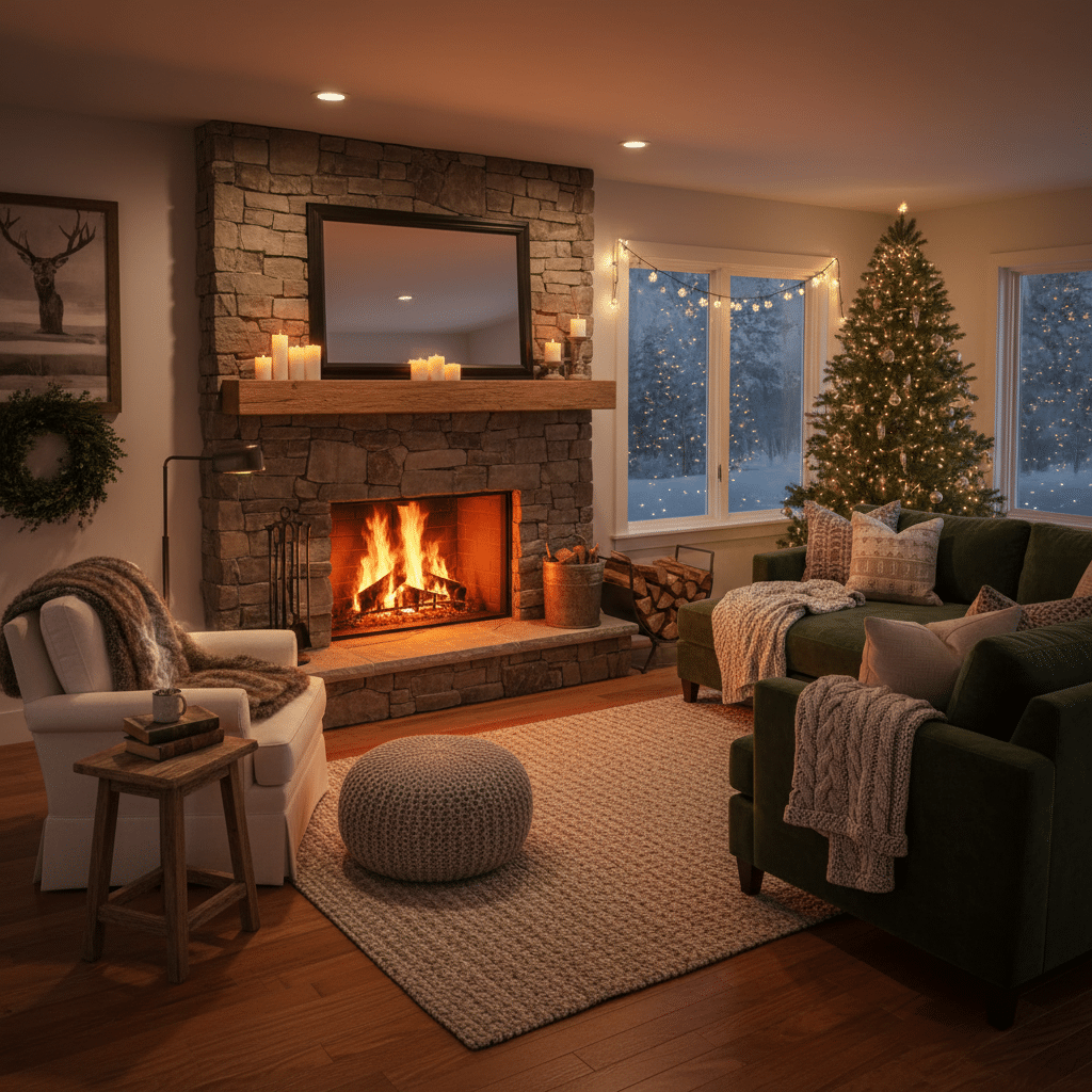 image - Handy Home Cozy living room with a lit stone fireplace, decorated Christmas tree, comfy seating, and warm lighting, creating a festive winter atmosphere.